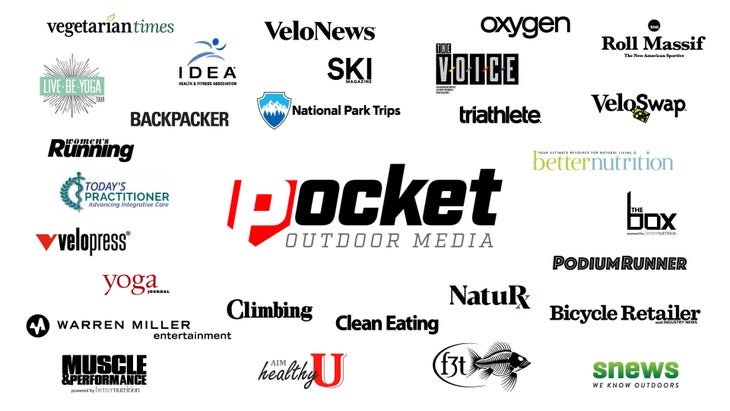Various logos displayed on white background with Pocket Outdoor Media at center