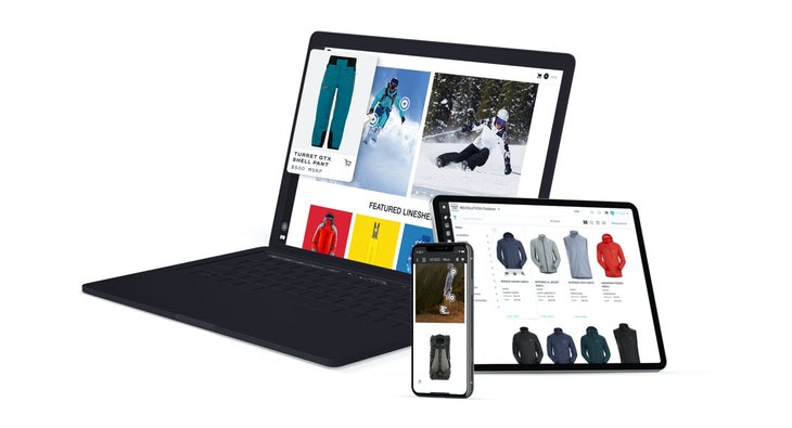 Press_GOA-1 A laptop, a tablet, and an iPhone with outdoor products illustrated on their screens.