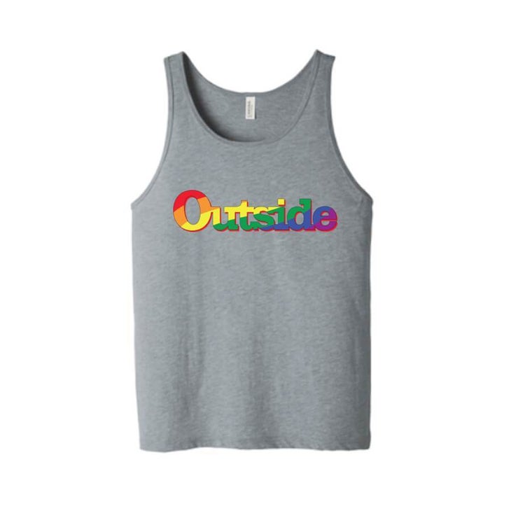 Gray tank T-shirt with ϳԹ in rainbow letters | Queer ERG