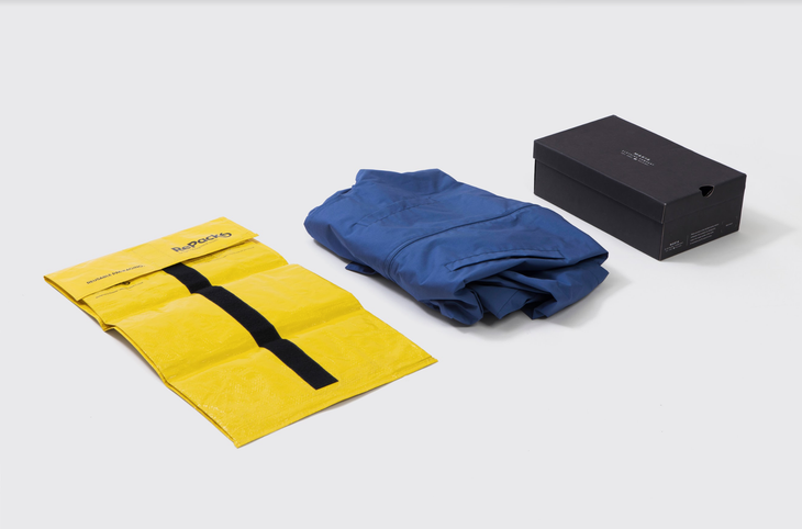 A yellow mailer, a blue jacket, and a black shoebox lined up in a row