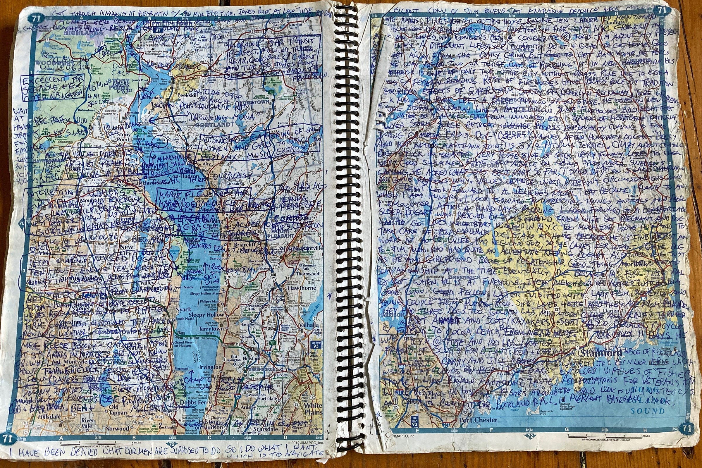 “I started keeping a regular journal, but I found that I was so tired at the end of the day,” Conant told me. Instead, he took extensive notes on the road atlases he used to navigate.