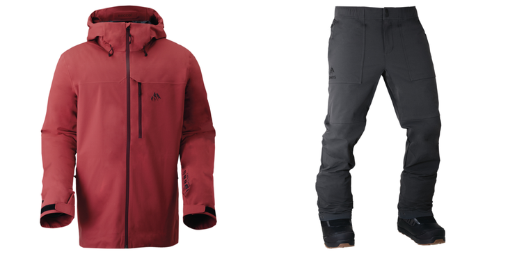 Red snowboard jacket and gray snowboard pants