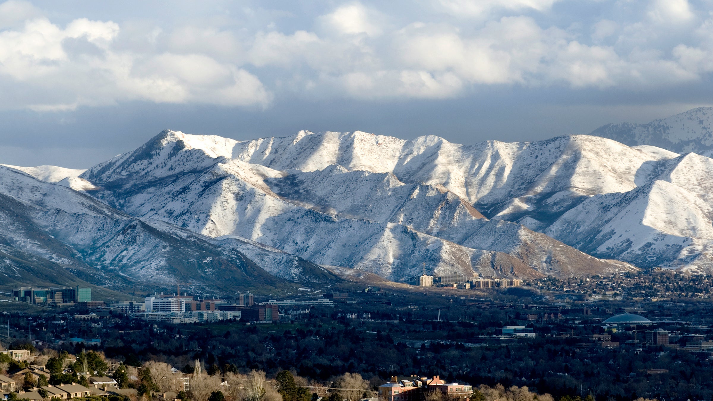 The Wasatch mountains loom over Salt Lake City, Utah