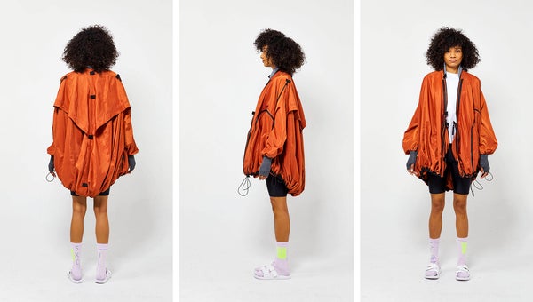 Model wearing upcycled clothes