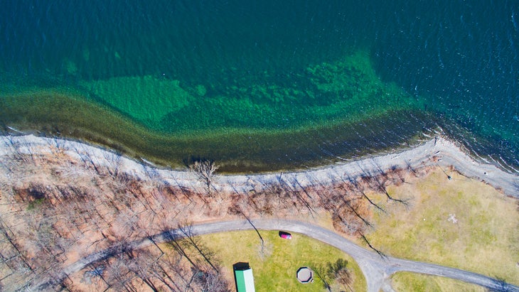 An aerial shot of the Cayuga Lake shoreline