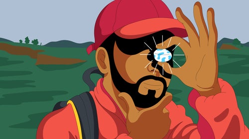 Illustration of hiker finding a shiny rock