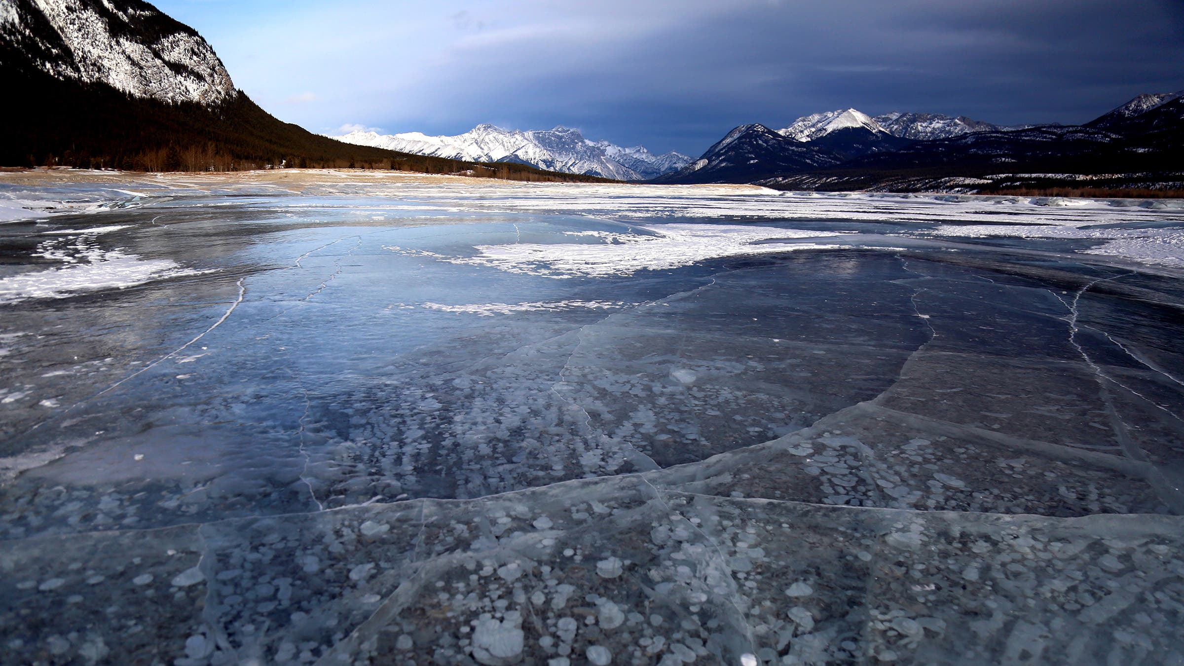 : Frozen Abraham Lake in the Canadian rockies is seen in Alberta, Canada on January 4, 2021