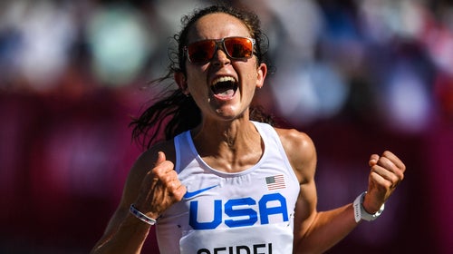 Hokkaido , Japan - 7 August 2021; Molly Seidel of USA celebrates after finishing in third place in the women's marathon at Sapporo Odori Park on day 15 during the 2020 Tokyo Summer Olympic Games in Sapporo, Japan.