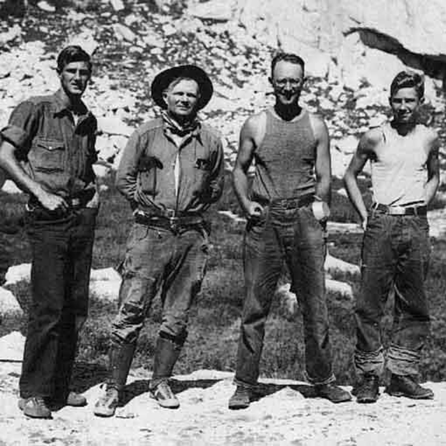 Jules Eichorn, Norman Clyde, Robert L.M. Underhill and Glen Dawson, on the day after their first ascent of the East Face of Mount Whitney.