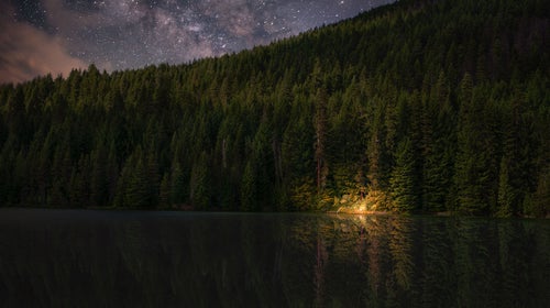 people listening to campfire stories in the distance