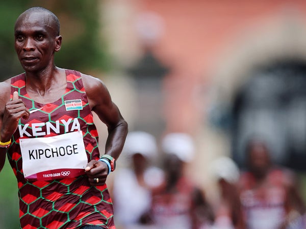 Eliud Kipchoge of Team Kenya competes in the Men's Marathon Final on day sixteen of the Tokyo 2020 Olympic Games at Sapporo Odori Park on August 08, 2021 in Sapporo, Japan