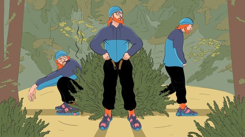 Illustration of someone pooping behind a bush outdoors