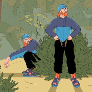 Illustration of someone pooping behind a bush outdoors