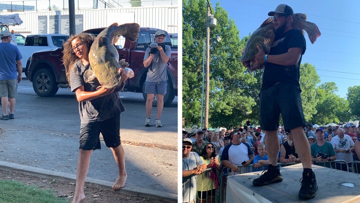 River Williams and dad Nate, each with an enormous catfish slung over their shoulders, impress the crowd with just minutes to spare at the 2021 Okie Noodling Tournament.