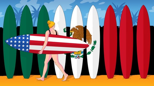 illustration of surfer with American flag surfboard walking by Mexican flag surfboards