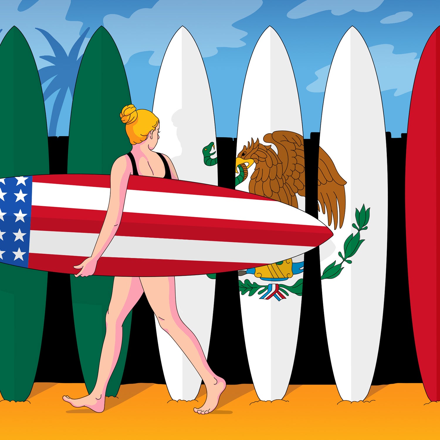 illustration of surfer with American flag surfboard walking by Mexican flag surfboards