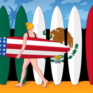 illustration of surfer with American flag surfboard walking by Mexican flag surfboards
