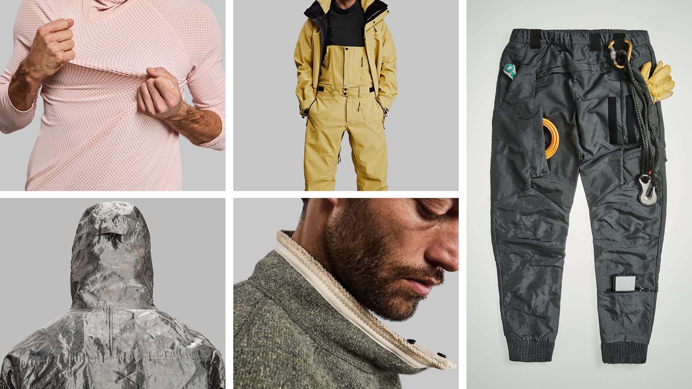 Clockwise from top left: Copper base layer; 100 Year ski pants; Mars pants; Garbage sweater; Full-Metal jacket
