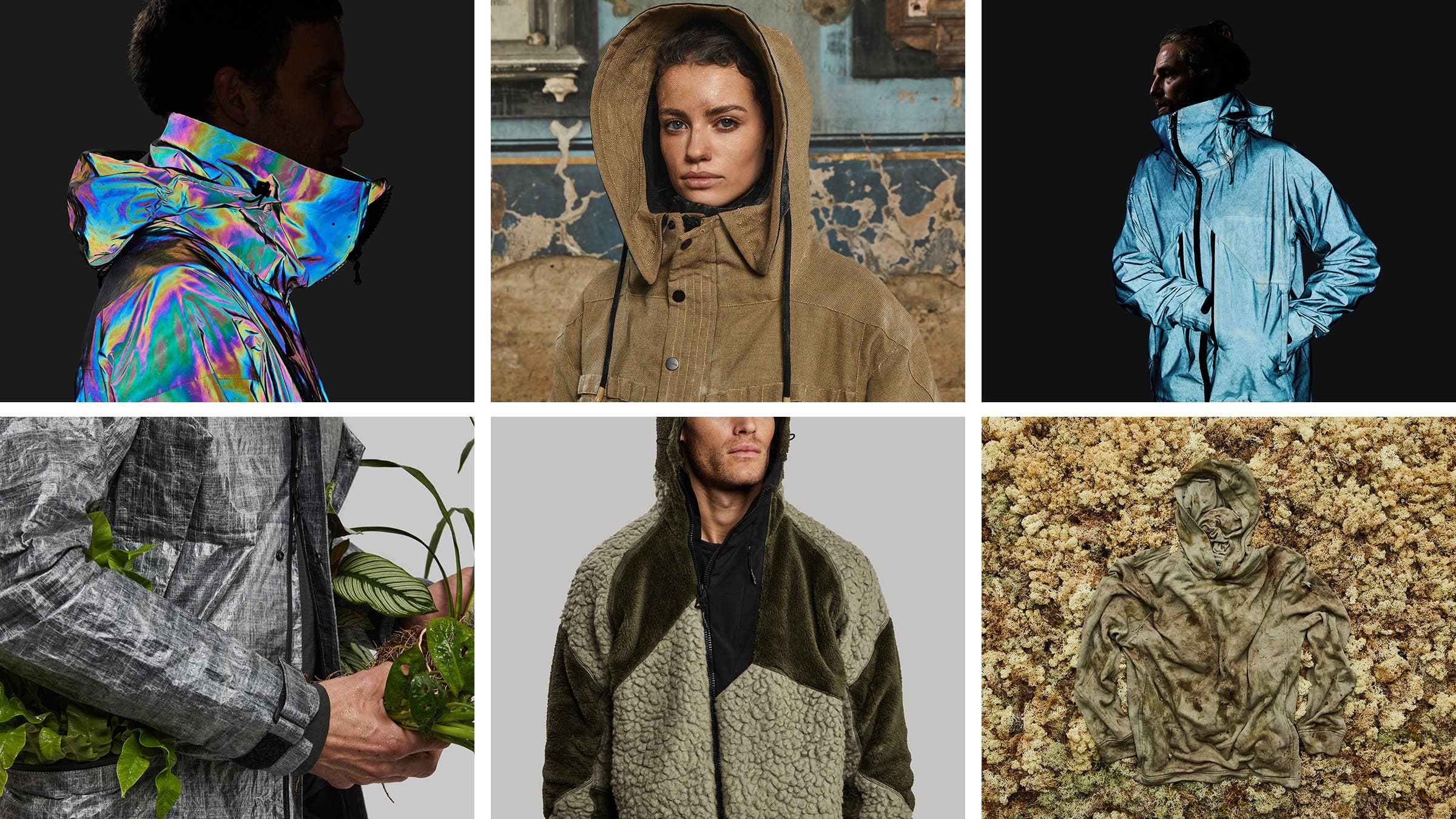 Clockwise from top left: Black Squid jacket; Apocalypse jacket; Blue Morpho jacket; The Plant and Pomegranite hoodie ; Ice-Age fleece; Off-Grid shell
