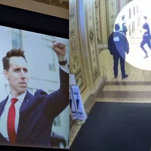 Josh Hawley sprints away from insurrectionists.