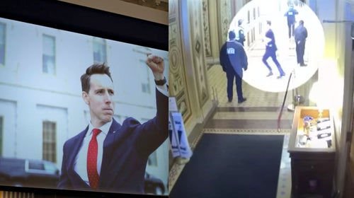 Josh Hawley sprints away from insurrectionists.
