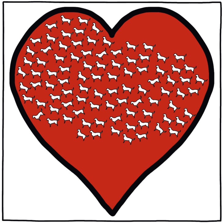 Many dog-shaped holes in a heart