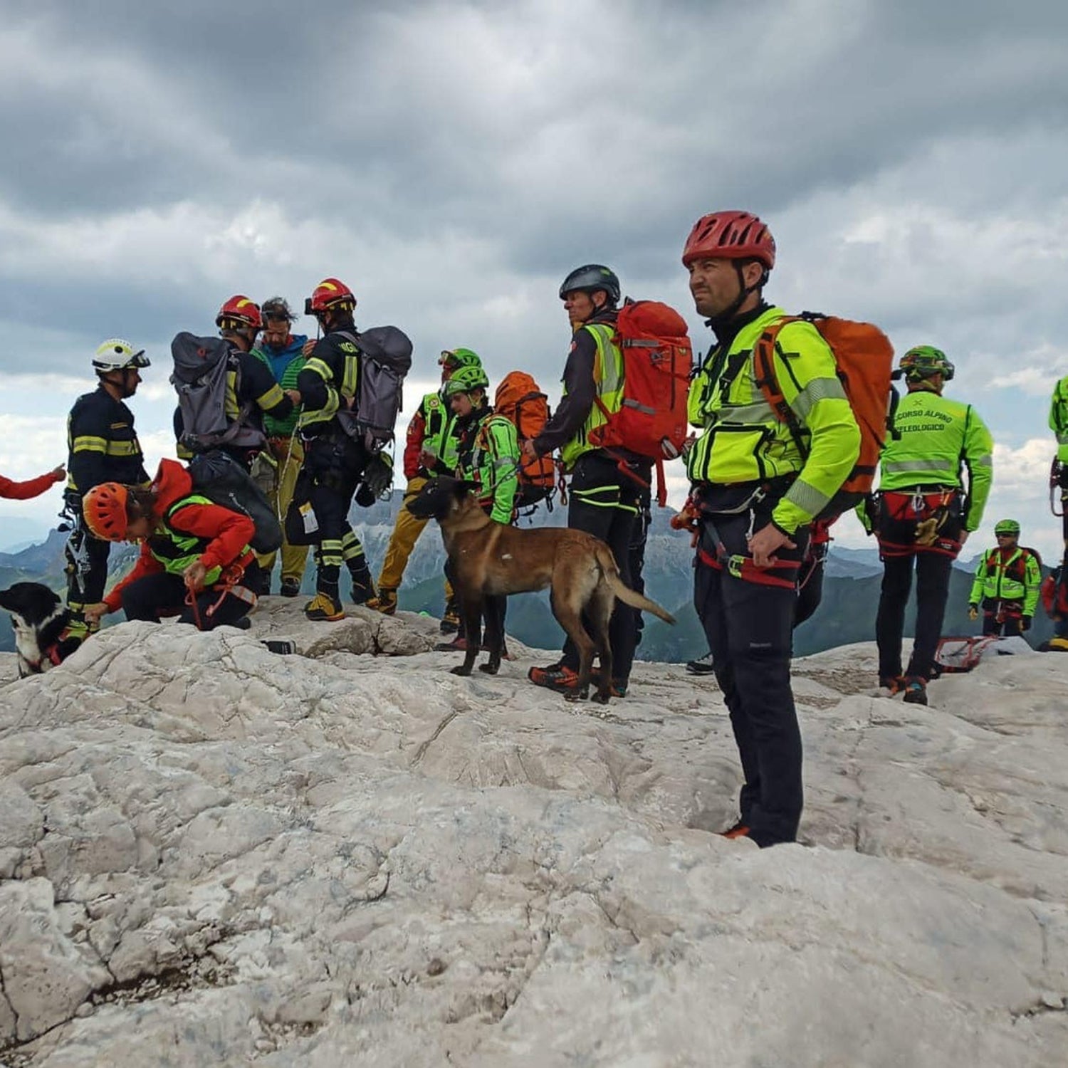 A rescue team prepares to evacuate climbers on the Marmolada.