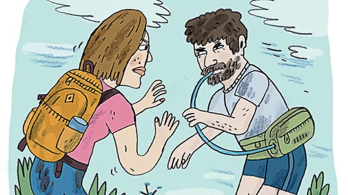 Backpack and hip pack wearers fighting, illustration