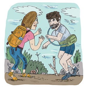Backpack and hip pack wearers fighting, illustration