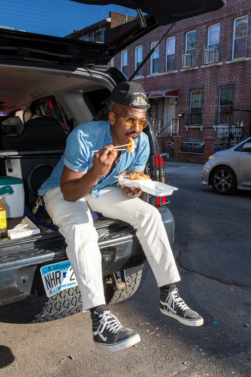 Ogbonna with dumplings from Kai Feng Fu in Sunset Park