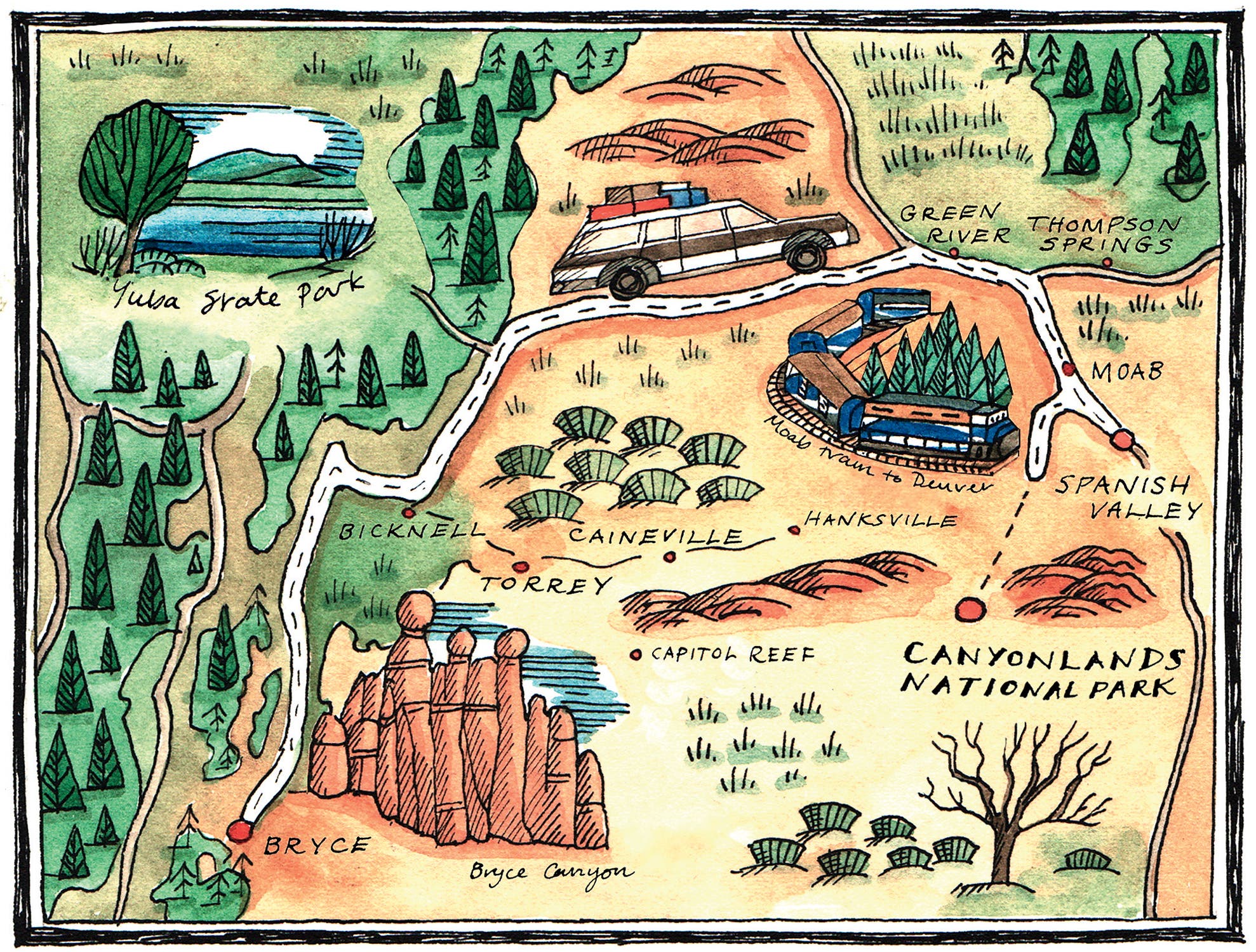 Canyonlands road trip map illustration