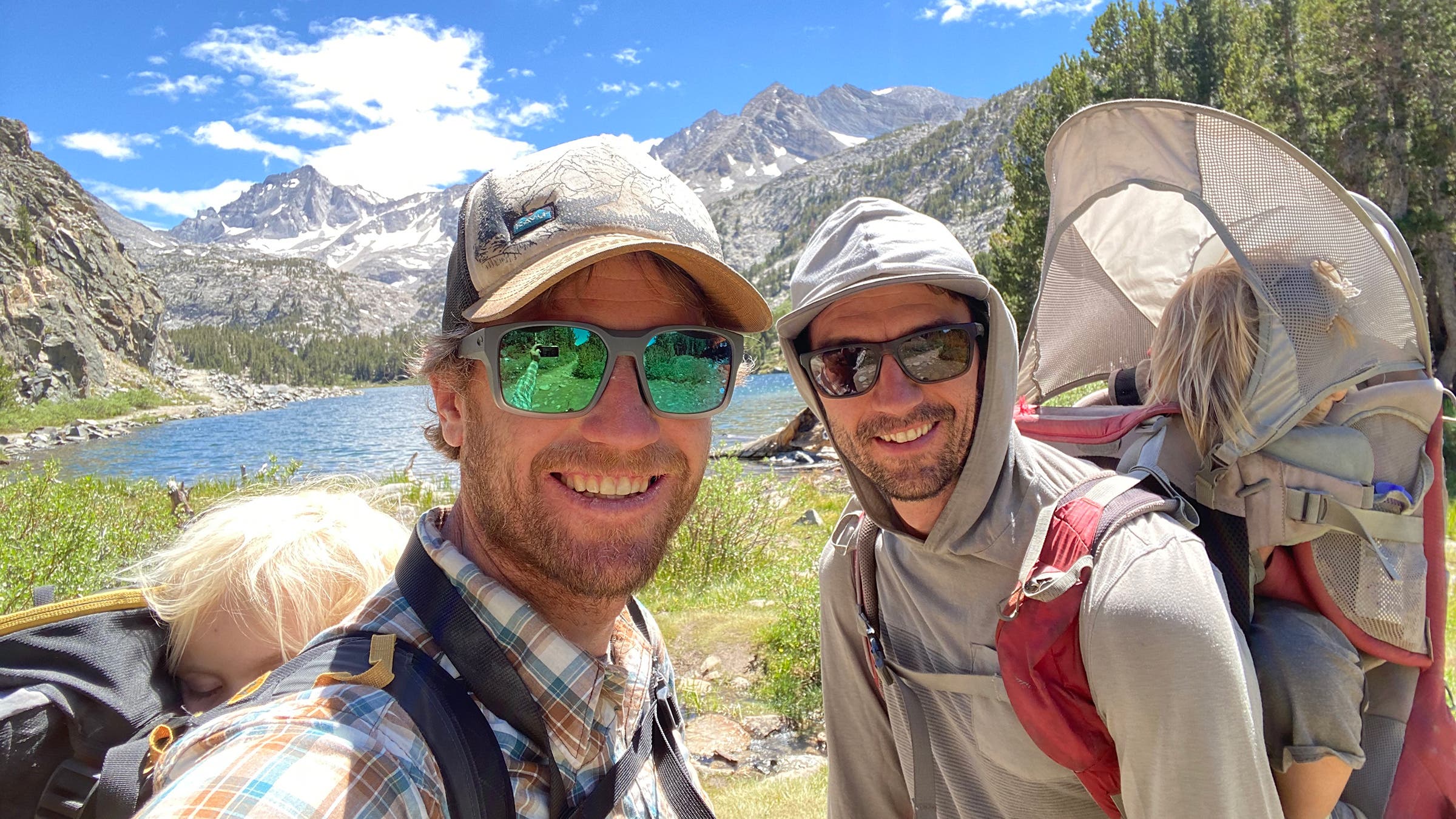 The Dickman brothers—Kyle (left) and Garrett—with their kids on a recent trip near Yosemite’s high country