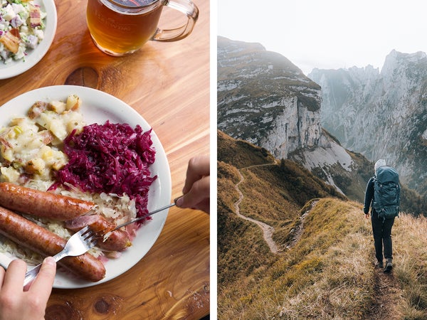 A bratwurst platter at Hermann Wurst Haus, Missouri; hiking the Alps in autumn