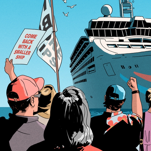 Illustration of protestors near a large cruise ship