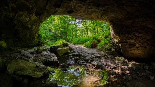 Looking toward an entrance to a cave at Maquoketa Caves State Park, with water in the foreground.