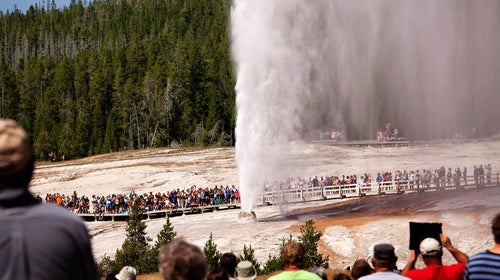 Tourists visiting Old Faithful Geyser at Yellowstone National Park