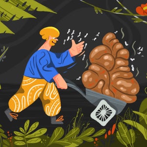 An illustration of a blonde man in a forest smiling while pushing a wheelbarrow full of poop.