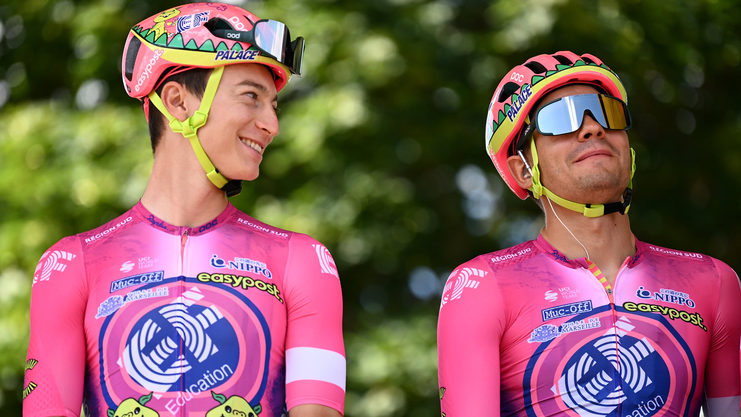 From left: Neilson Powless and Stefan Bissegger prior to stage 2 of the 109th Tour de France