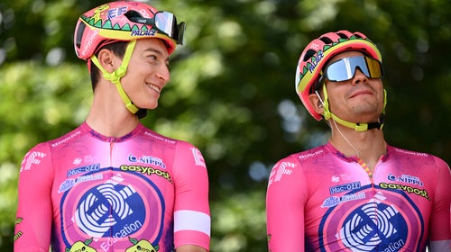 From left: Neilson Powless and Stefan Bissegger prior to stage 2 of the 109th Tour de France