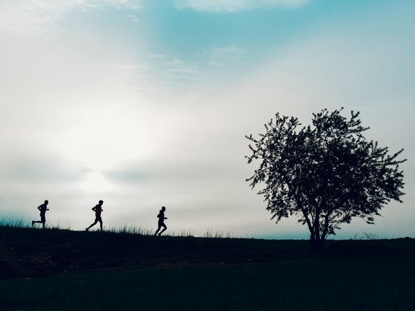 group running on a trail in nature with trees at sunrise.