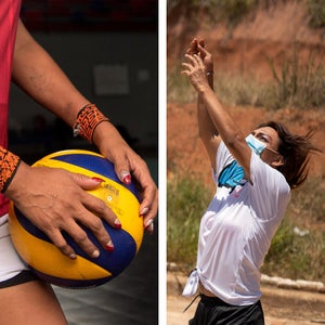 Yeisymar Ayarza Avila in winis, traditional beaded bracelets worn by Guna women; Pilar Idamg warms up for Wigudun Galu’s first match after the Panamanian government dropped lockdown measures in February 2021.