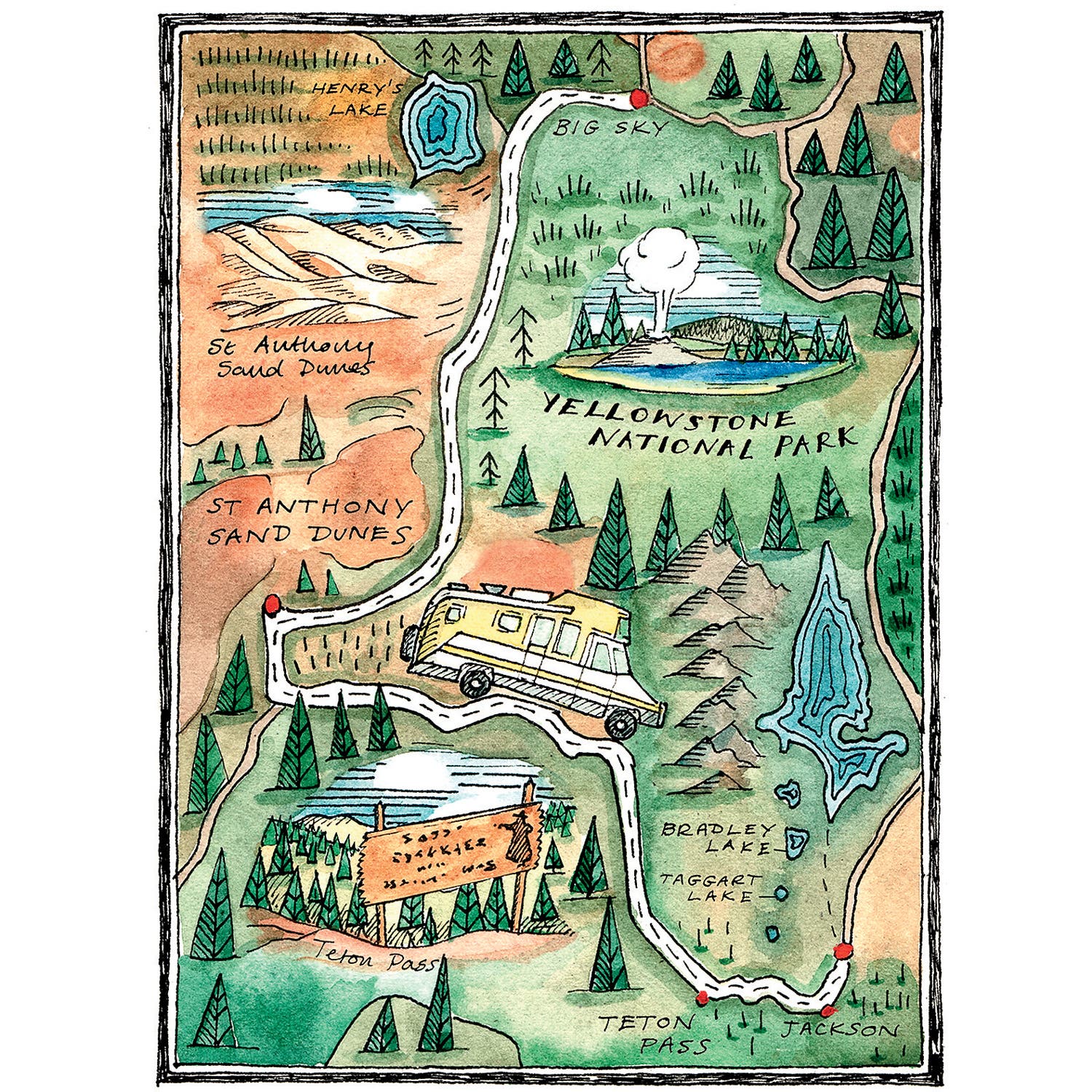 Yellowstone road trip map illustration