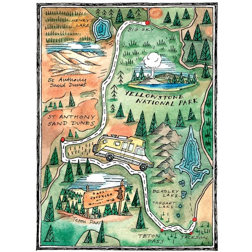 Yellowstone road trip map illustration