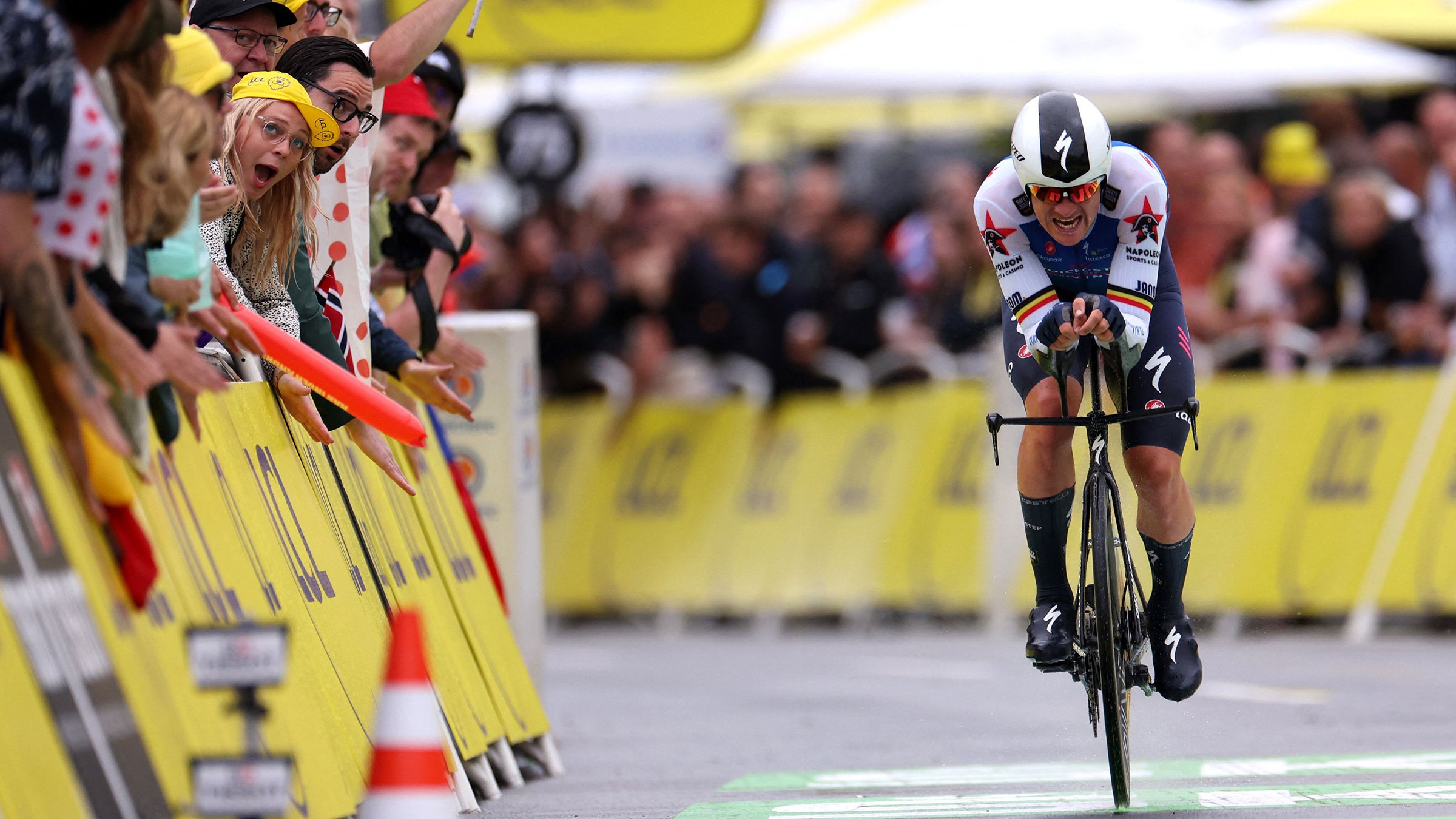 Yves Lampaert cycles to the finish line during the 1st stage of the 109th edition of the Tour de France.