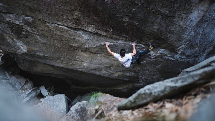 Shawn Raboutou climbs.