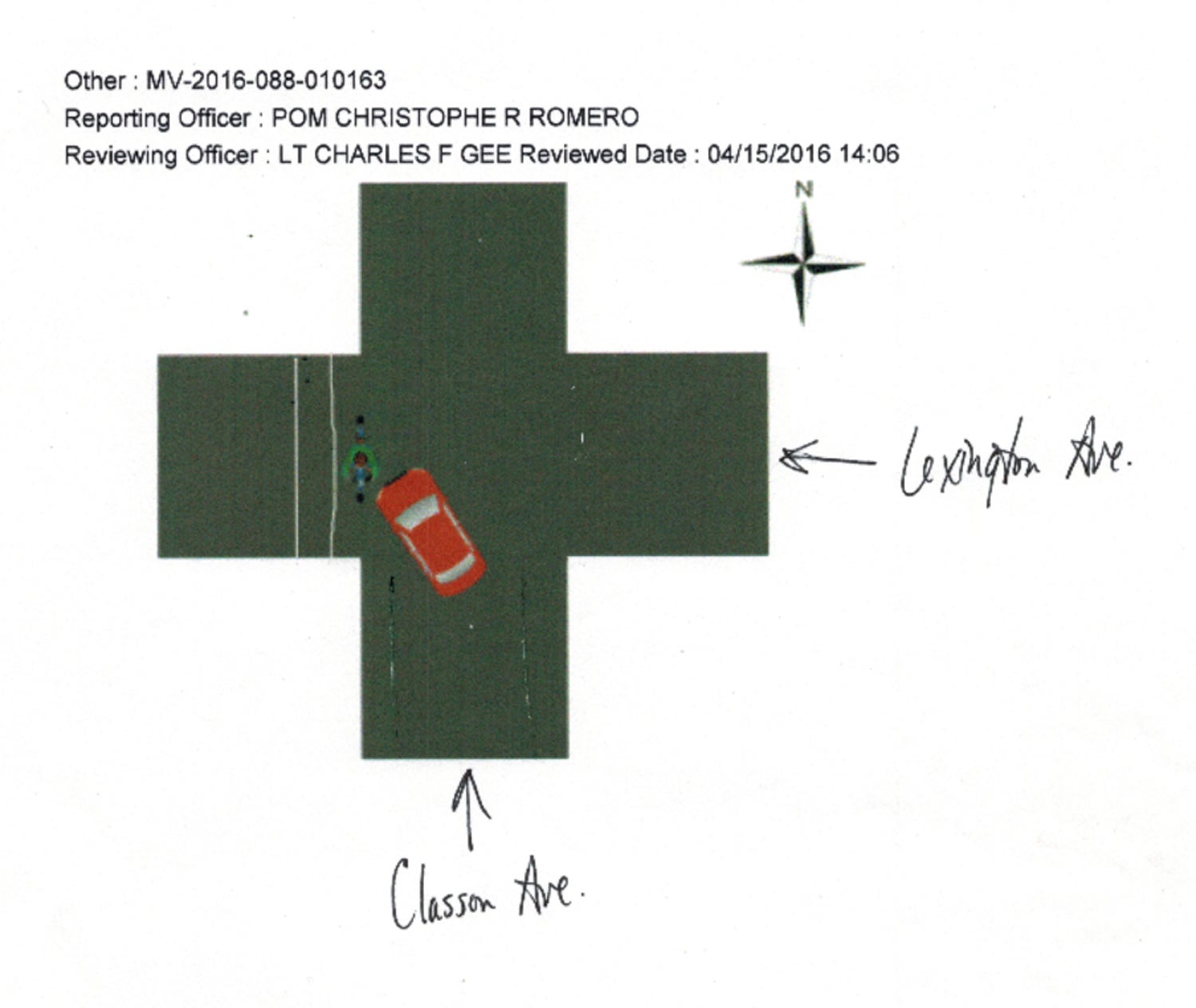A diagram of the crash included in the NYPD Collision Investigation Squad’s initial accident report on April 16, 2016, that incorrectly shows Lauren biking against traffic