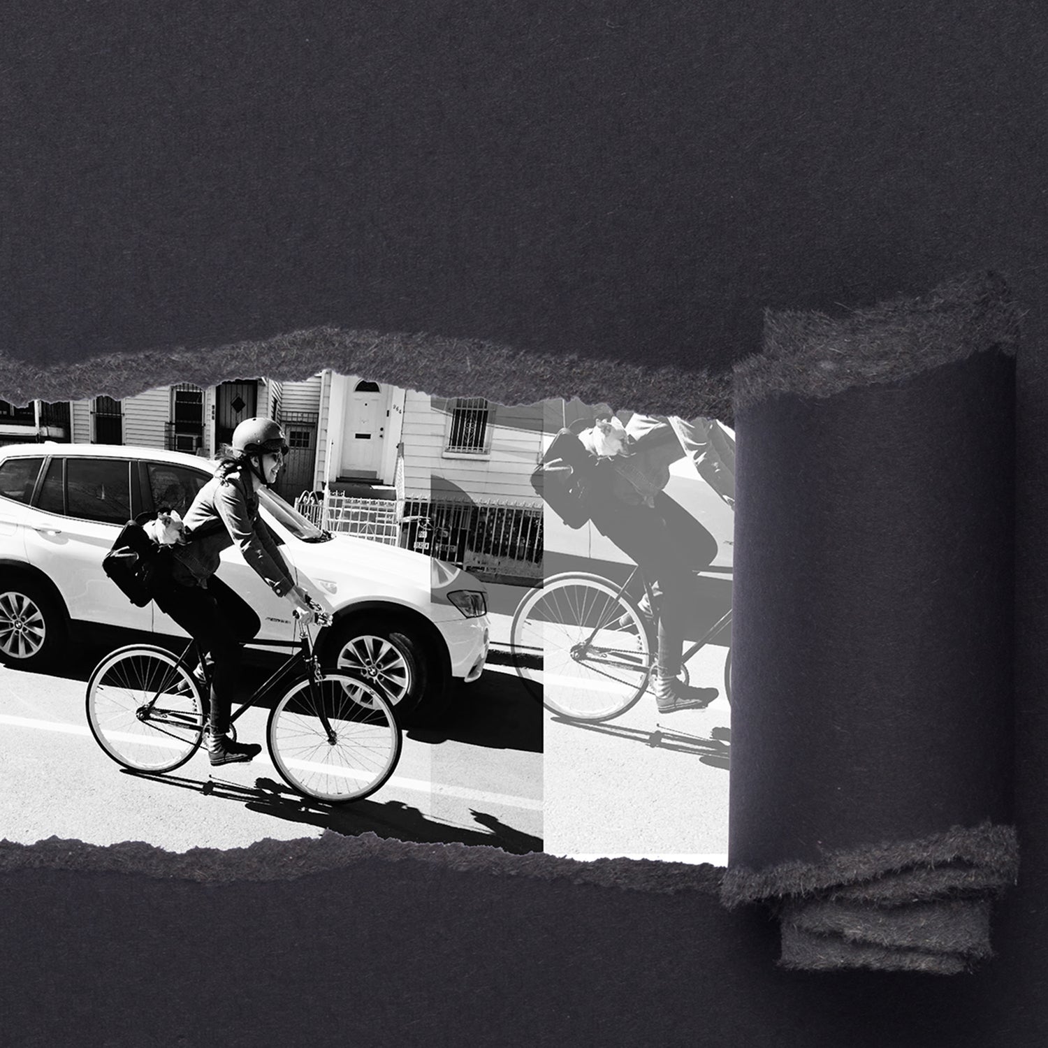 Lauren Davis riding her bike with her dog, Rupert, in 2015