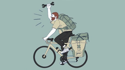 An illustration of an angry man with a beard on a bicycle waving a wrench above his head.