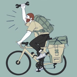 An illustration of an angry man with a beard on a bicycle waving a wrench above his head.