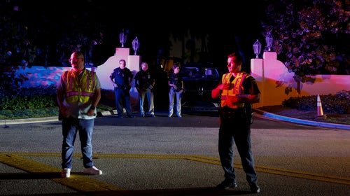 Secret Service and Palm Beach police are seen in front of the home of former President Donald Trump at Mar-A-Lago on August 8, 2022 in Palm Beach, Florida. The FBI raided the home to retrieve classified White House documents.